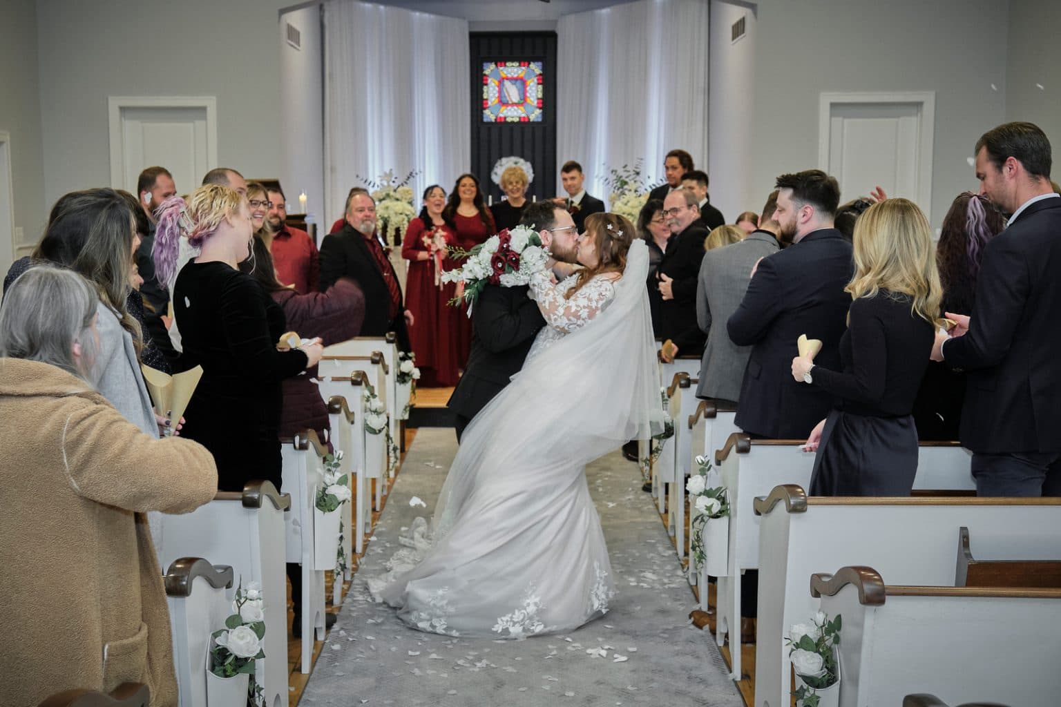 A wedding ceremony inside the historic chapel